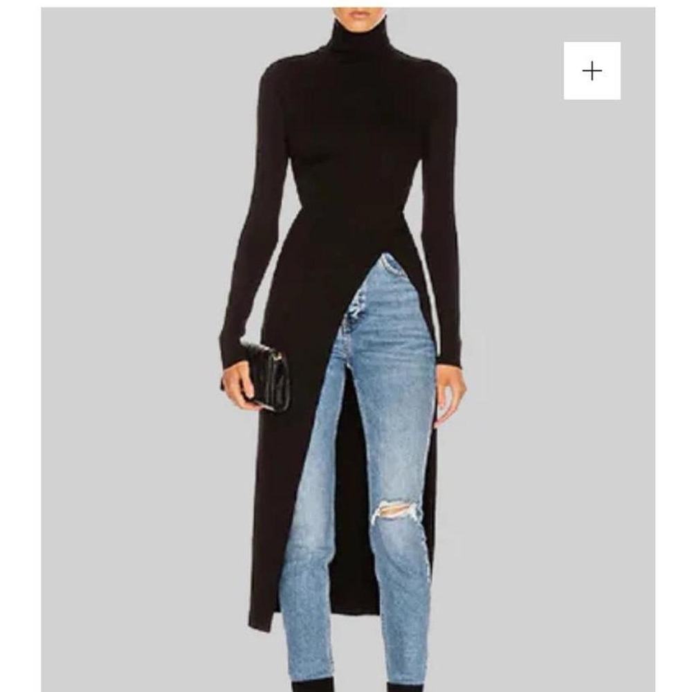 UOOZEE Simple Skinny Split-Side Black High-Neck T-Shirt Secy Chic Long Top